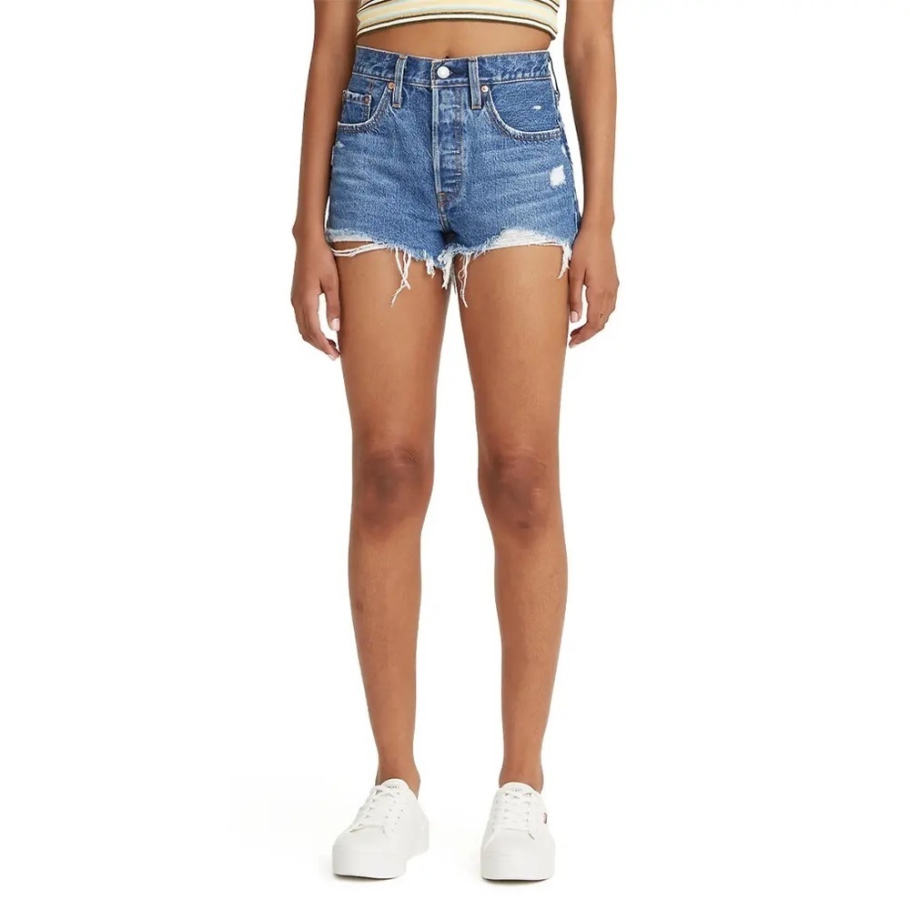 Jessica Simpson Hug Me Blue Denim Distressed High Rise Shorts Size 31 Button Fly
